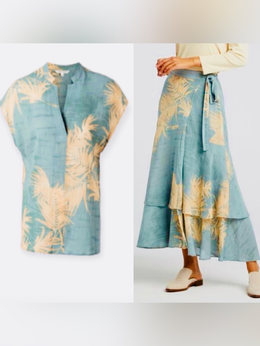 NWOT YA YA Women Asymmetric Wrap Print 💯 Cotton Skirt VNeck Blouse Set S…